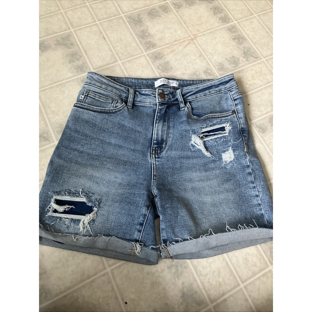 Judy Blue Shorts Large Blue‎ Ripped Distressed Cuffed Denim Stretch JB150094